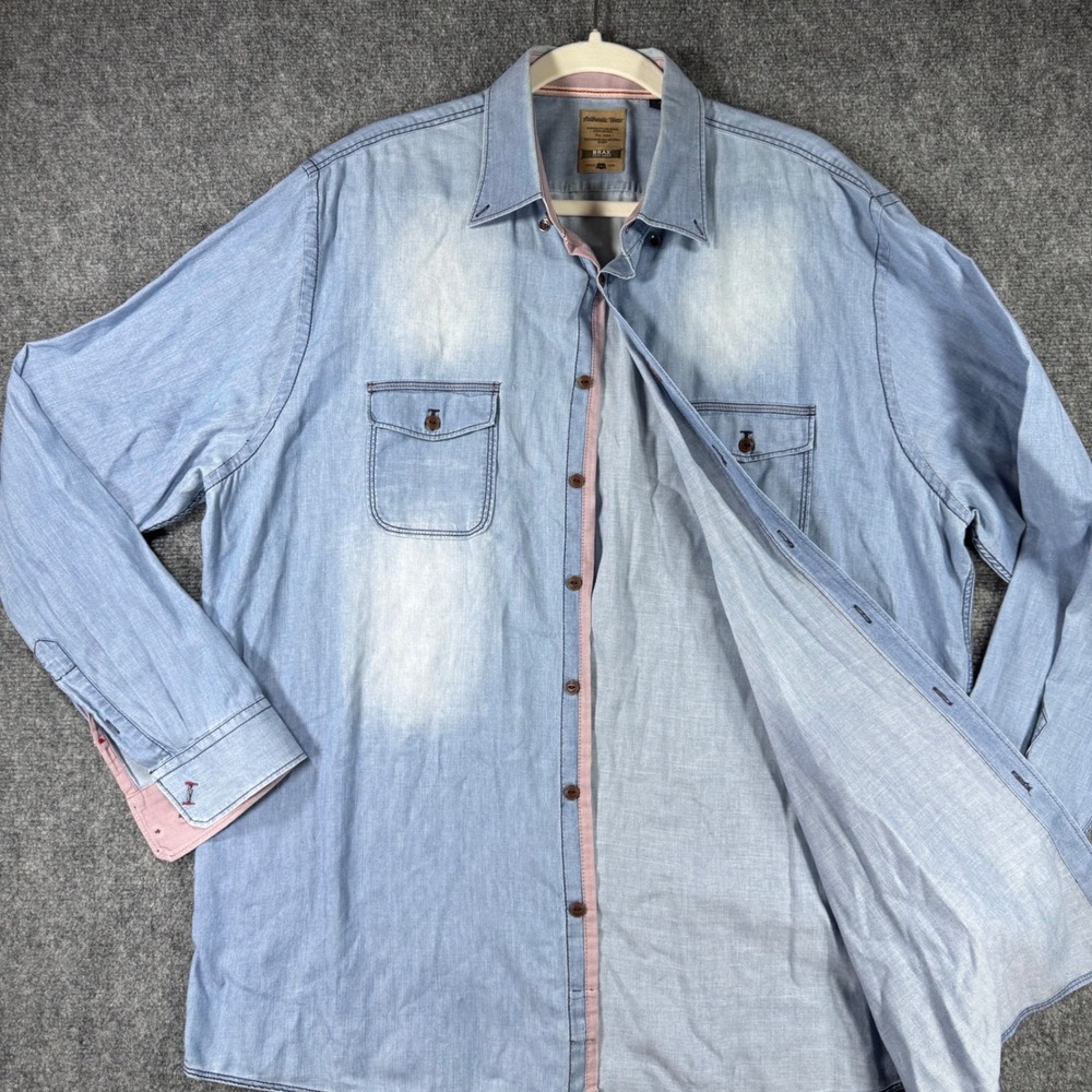 Brax Feel Good Mens XXL Light Wash Denim Look Long Sleeve Button Down Shirt - Picture 3 of 13